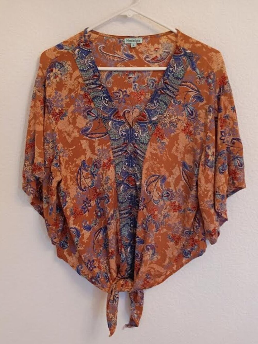 NOSTALGIA WOMEN'S TOP RUST BLUE FLORAL PAISLEY SHORT FULL SLEEVE TIE FRONT SMALL